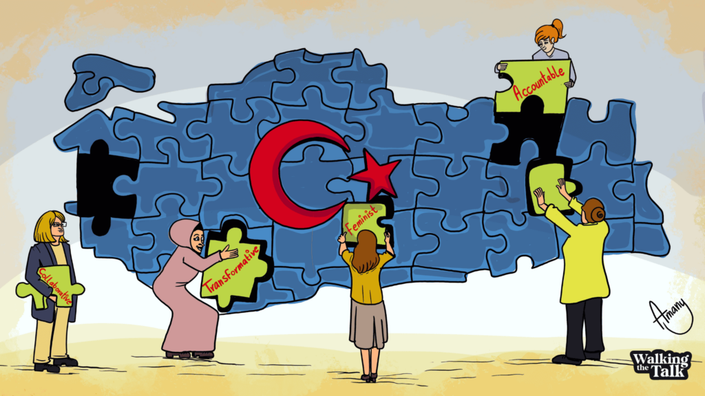 big puzzle in the shape of Turkey is visible. A group of feminists are holding the pieces and filling the missing gaps.