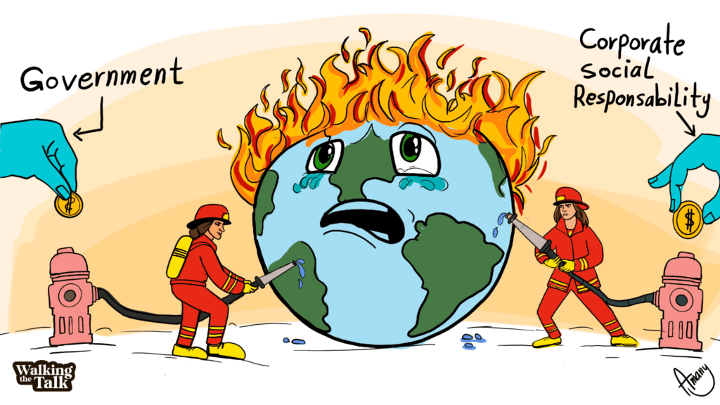 The planet earth is on fire due to climate change. Two firefighters are trying to extinguish that fire, but they don't have enough water. The water is powered by government and Corporate Social Responsibility funding.